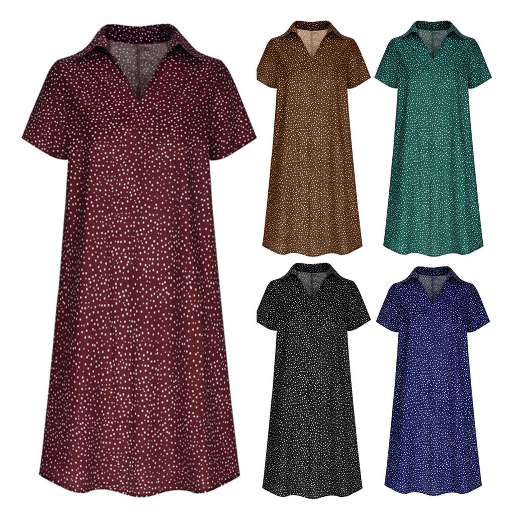 Летнее платье Yousheng с принтом в горошек, короткими рукавами, свободное платье-рубашка А-силуэта с V-образным вырезом длиной до колена, платье миди для свиданий, путешествий, отпуска
