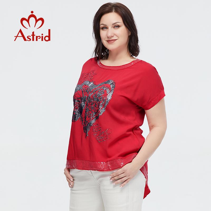 Летняя женская футболка Astrid, новинка 2023 года, хлопково-льняной топ, футболка большого размера с короткими рукавами, модная женская одежда с принтом и пайетками
