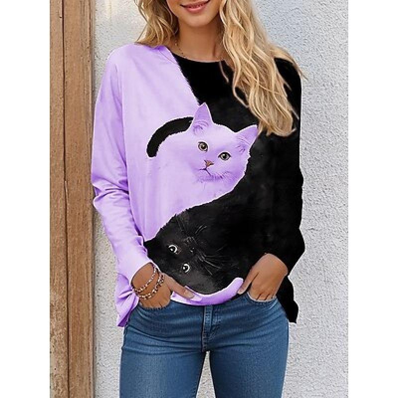 Жен. Футболка Футболка Сердце День святого Валентина Валентина Выходные Черный Лиловый Серый С принтом Длинный рукав Мода Круглый вырез Обычный крой Весна и осень