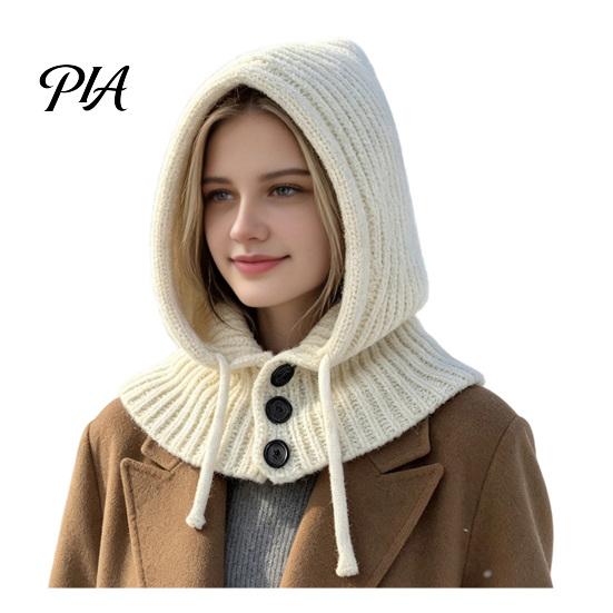 Women Winter Hat Hooded Scarf for Winter, Knit Pullover Balaclava Hood Knitted with Neck Warmer Adjustable Drawstring, Warm Gaiter Skull Cap