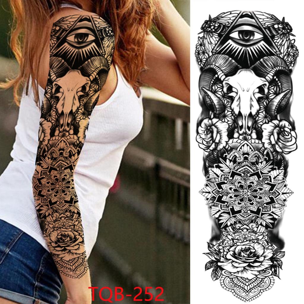 New 1 PC 480*170MM Super Large Compass Wolf Head Eye Fake Lion God Feather Temporary Tattoo Sleeves For Men Women Tattoo Full Arm Tattoo Sticker