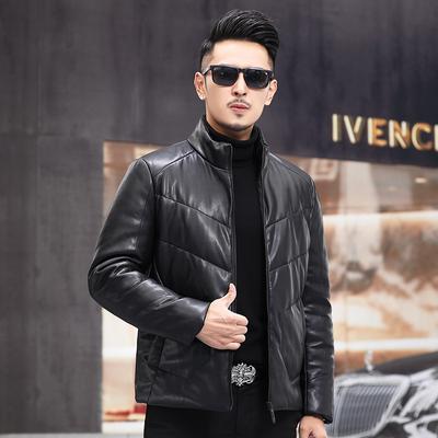 Зимняя кожаная куртка на утином пуху, мужская куртка-пуховик из овечьей кожи, воротник-стойка, короткая кожаная куртка, мужское пальто, утолщенное