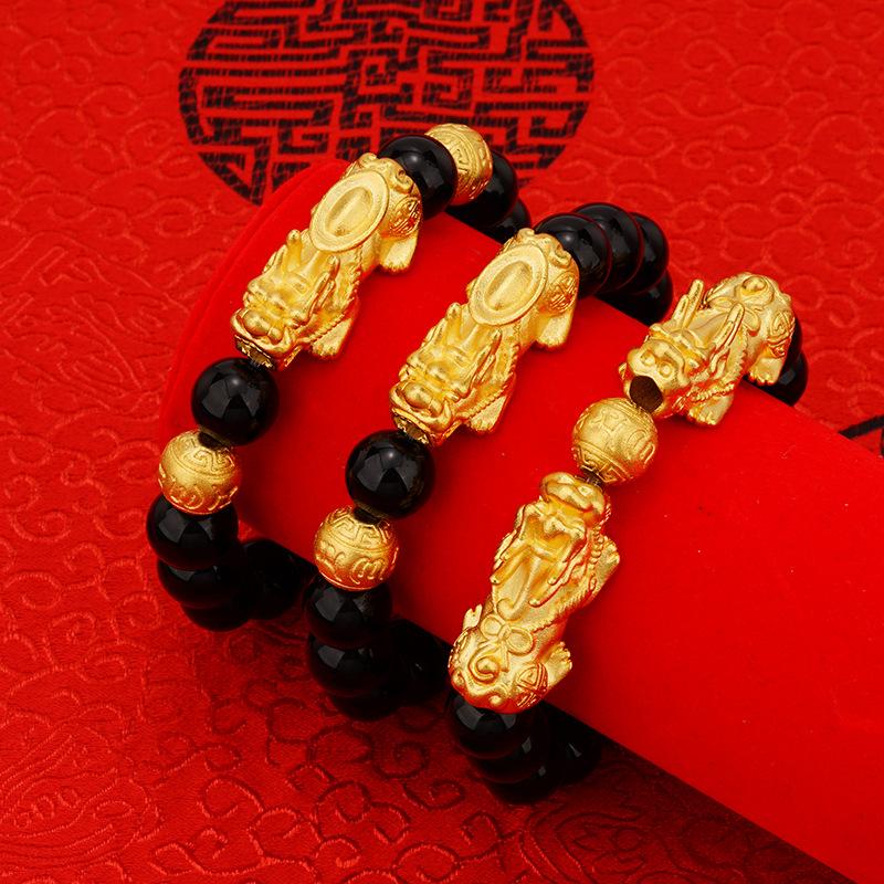 Luxury 24k Gold Pixiu Imitation Agate Bracelet for Men, Obsidian Bracelet, Sand Gold