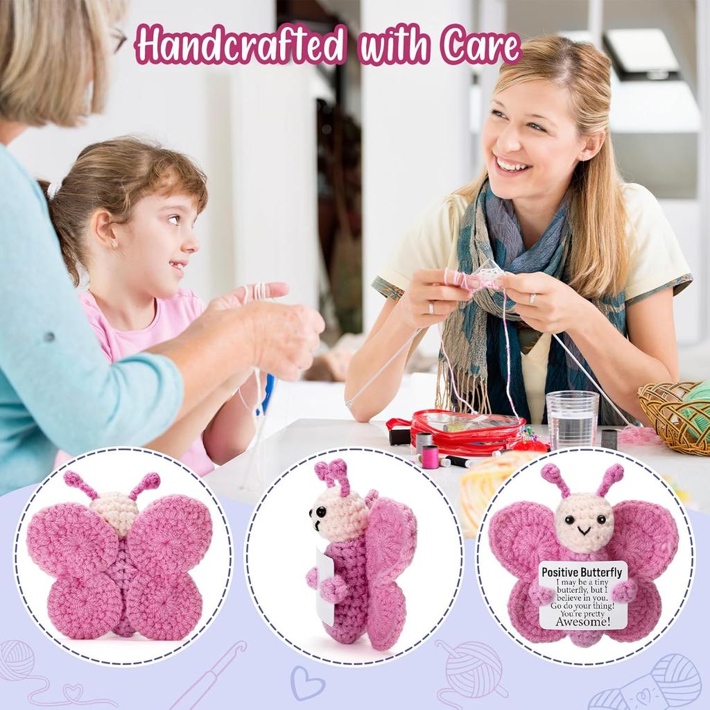 Crochet Positive Energy Butterfly Doll With Card Home Room Decoration Handmade Animal Knitted Butterfly Desktop Ornament Gifts