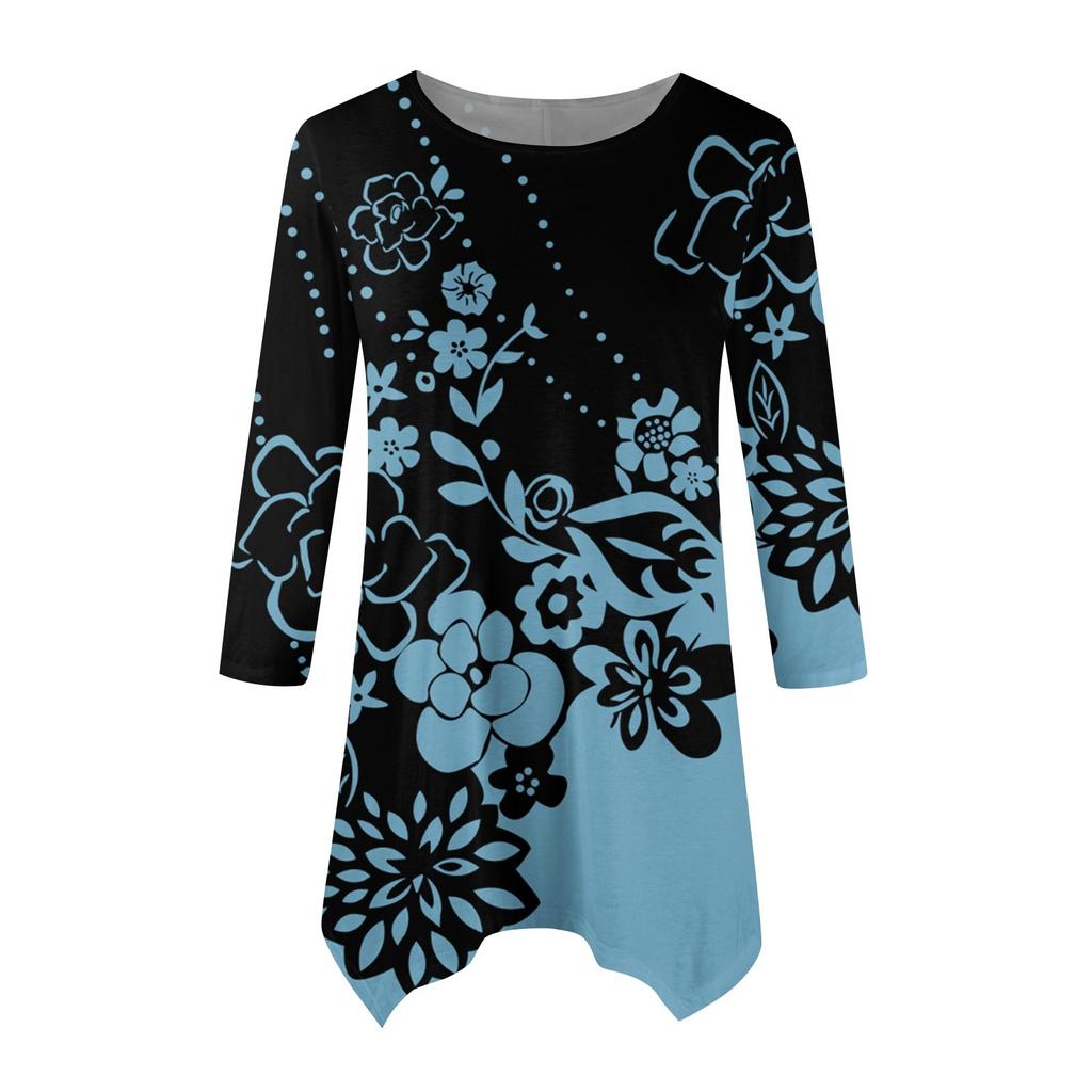 Женская модная повседневная рубашка с круглым вырезом и цветочным принтом, рукавами-семью, свободным удобным топом с поясом
