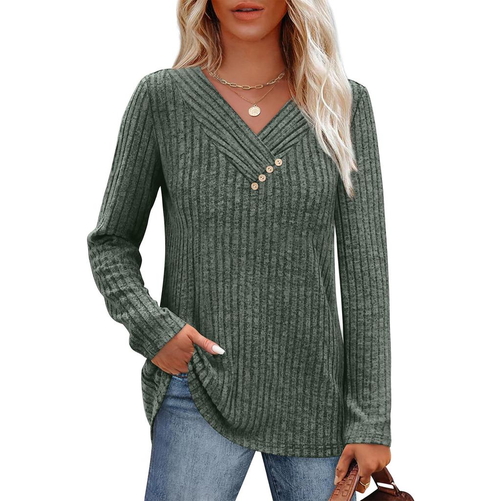 Women Long Sleeve Shirts V Neck Tops With Buttons Fall Fashion Outfits Winter Sweaters
