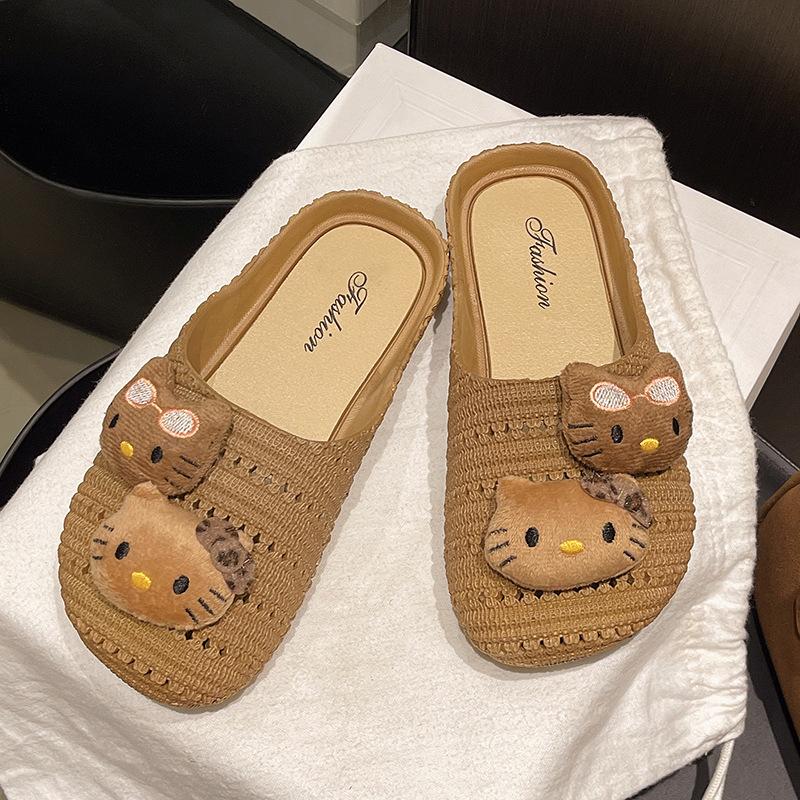 Cute Hello Kitty Soft Bottom Cool Slippers Women's Summer Breathable One Pedal Bag Head Drag Lightweight Versatile Hollow Half Pack Drag