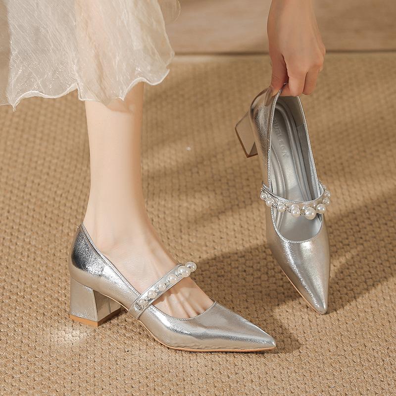 Silver High Heels Autumn New Pointed Head Light Mouth Pearl Word with Thick Heel Mary Jane Single Shoes Women