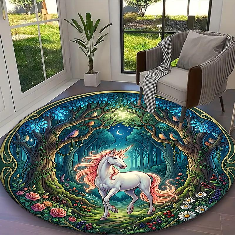 1pc Office Printed Round Carpet, Enchanted Starry Unicorn Rug, Home Sofa Chair Mat For Christmas and Halloween Décor