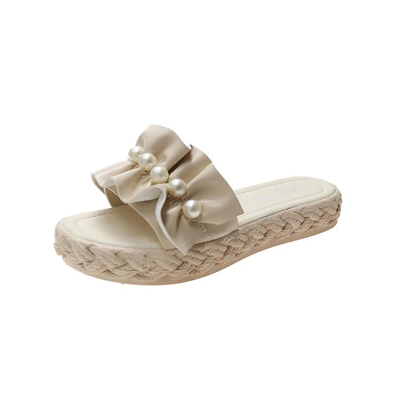 Summer New Fashion Elegant Casual Women's Sandals Solid Color Round Toe Lightweight Pearl Pleated Open Toe Slippers NO:288