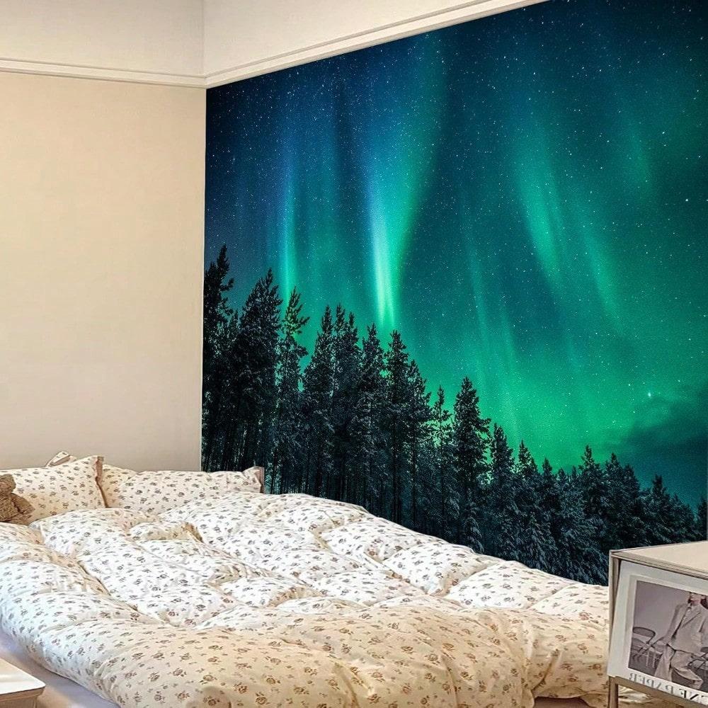 Aurora borealis tapestry to hang on the wall, northern lights, galaxy, starry night, forest, bedroom, back-to-school season, fall gifts, 1 ud.