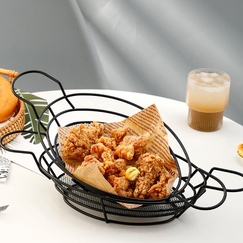Creative Metal Wire Bread Basket Oval Shape French Fries Stand with 2 Sauce Dipper Cup For Chicken Wing Chip And Party Serving