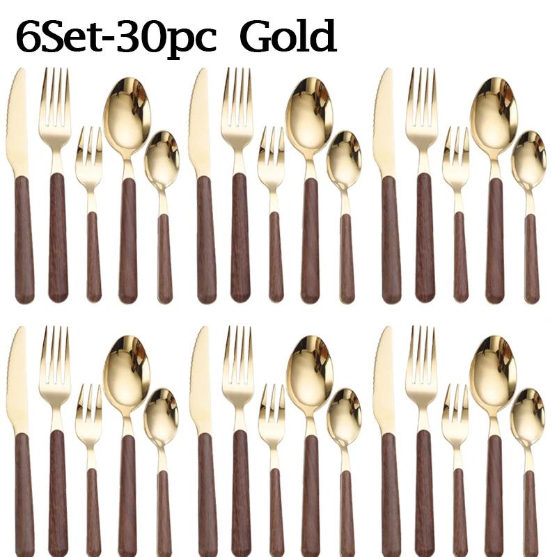 Набор столовых приборов с деревянной ручкой, столовая посуда из нержавеющей стали, вилка, нож, кофейная ложка, набор столовых приборов в западном стиле, можно мыть в посудомоечной машине