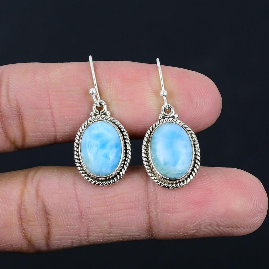Larimar Gemstone Earrings Solid 925 Sterling Silver Handmade Earrings Jewelry Gift For Women And Girls E-1287
