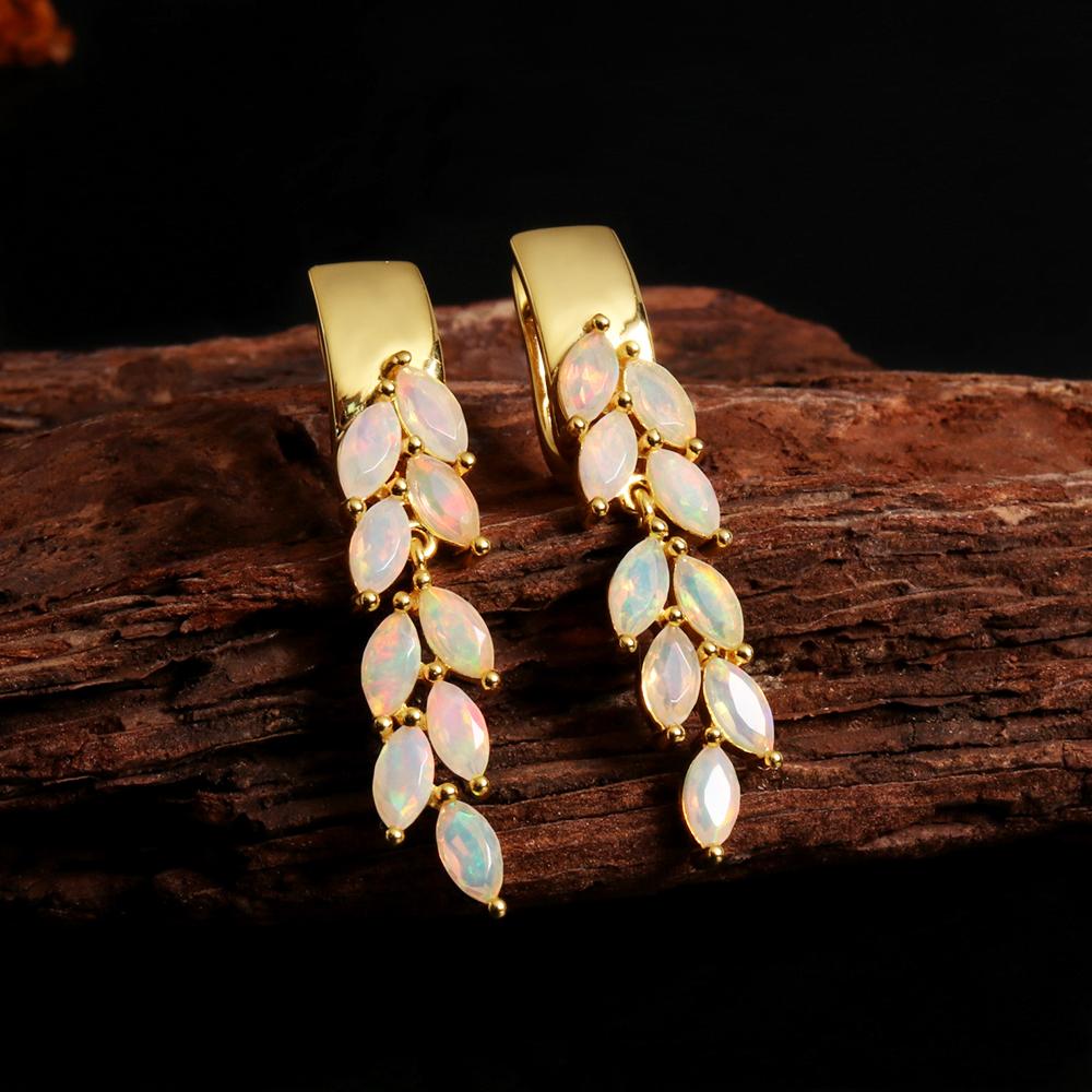 925 Sterling Silver Gorgeous Design October Birthstone Natural Opal 18K Yellow Silver Earring Birthday Gift for Women and Girls