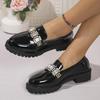 Fashion Luxury Crystal Patent Leather Loafers Women 2025 Autumn Sexy Thick Bottom Medium Heel Office Pumps Solid Black Dress Shoes Lady