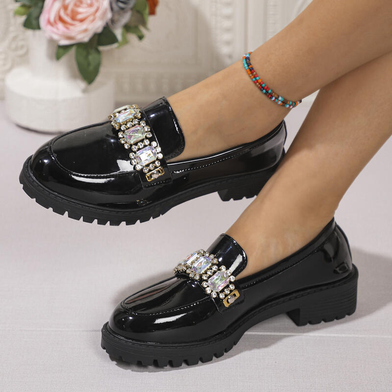 Fashion Luxury Crystal Patent Leather Loafers Women 2025 Autumn Sexy Thick Bottom Medium Heel Office Pumps Solid Black Dress Shoes Lady