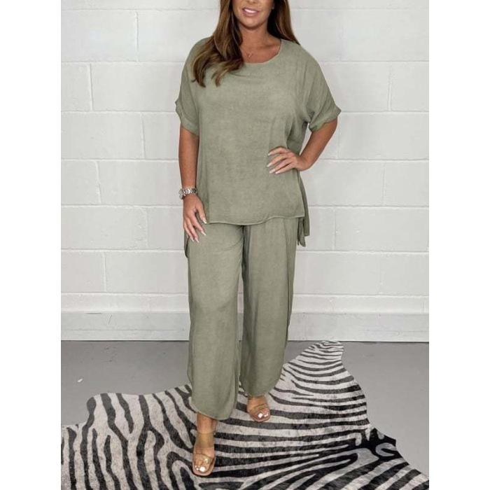 Женский комплект: однотонная свободная футболка с короткими рукавами и круглым вырезом, повседневные брюки с эластичной резинкой на талии, 2 шт./комплект