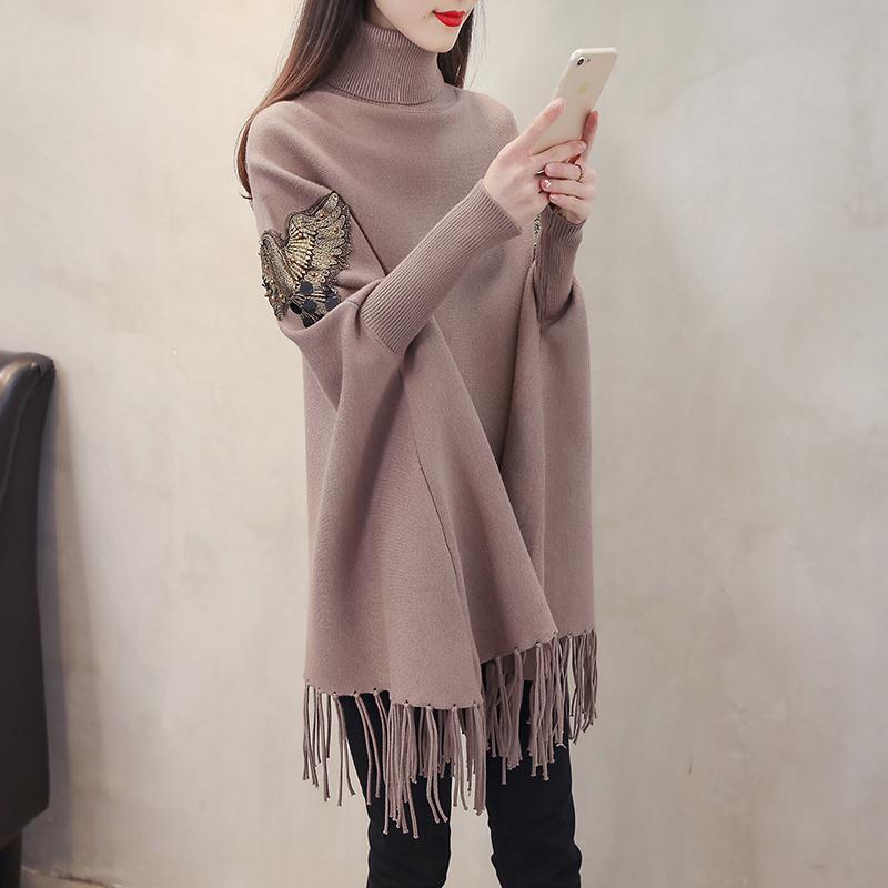 Пуловер, свитер, новинка 2022 года, женский свитер с высоким воротником и кисточками, средней длины, корейский свободный плащ, вязаный свитер «летучая мышь», женские топы