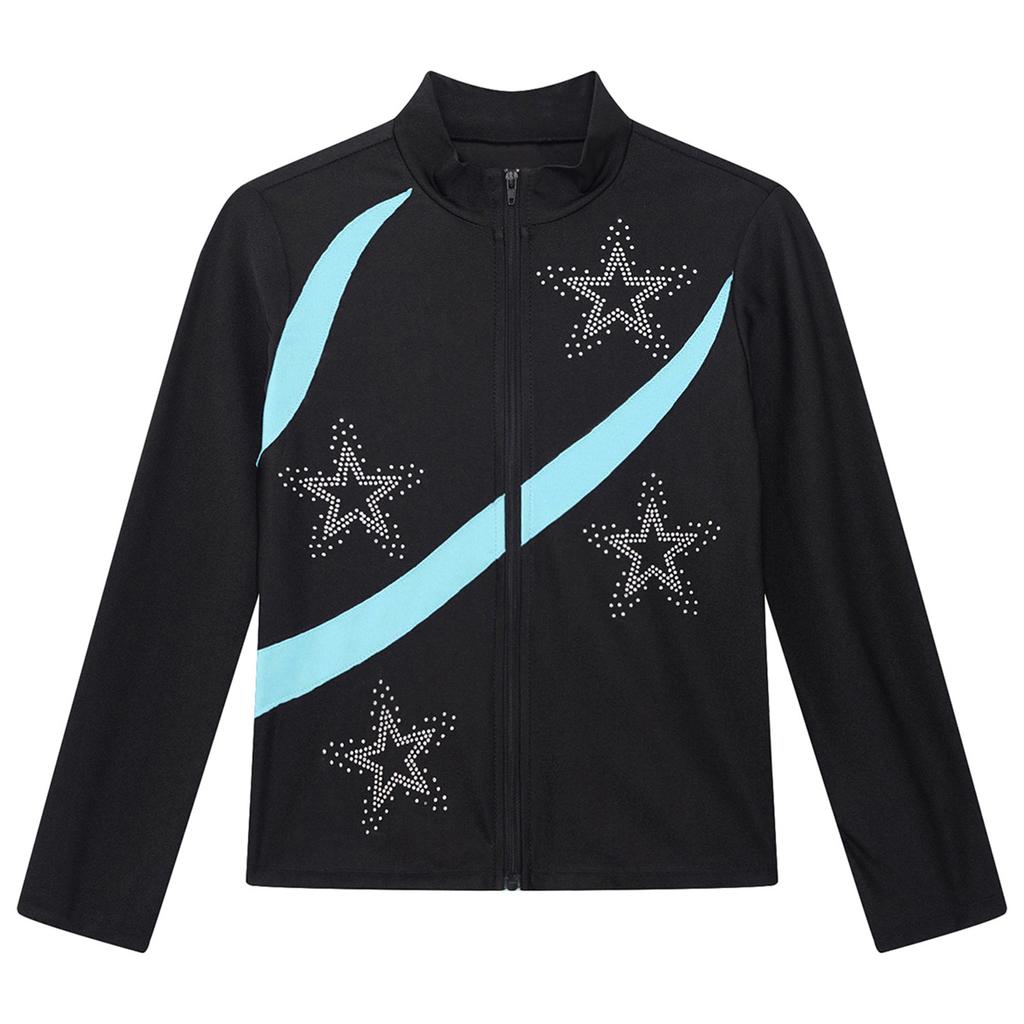 Girls Shiny Rhinestone Star Sports Top Contrast Color Long Sleeve Stand Collar Zipper Sweatshirt Gymnastics Wear