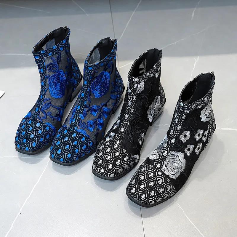 Женские повседневные офисные ботинки с квадратным носком, летние ботинки, женская обувь с цветочной сеткой на молнии и круглым носком