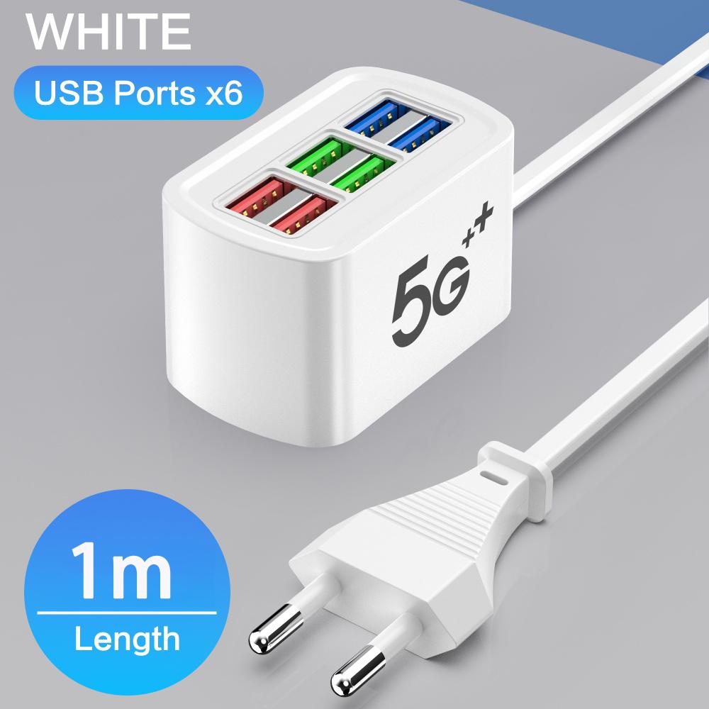 6-in-1 Fast Charging Power Strip with USB Hub 1m Cord Desktop Charging Station for iPhone Home Office Multi Ports Adapter Socket