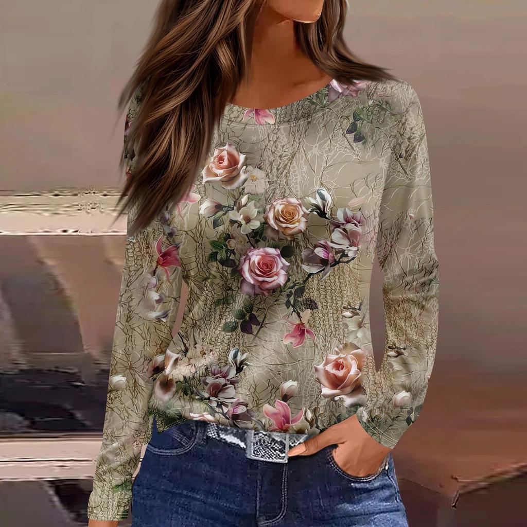 Женская Мода Повседневная Футболка с Разрезом по Подолу, Круглым Вырезом, Длинным Рукавом, Свободная, с Принтом, Женский Топ, Топы для Женщин, Женские Топы и Блузки