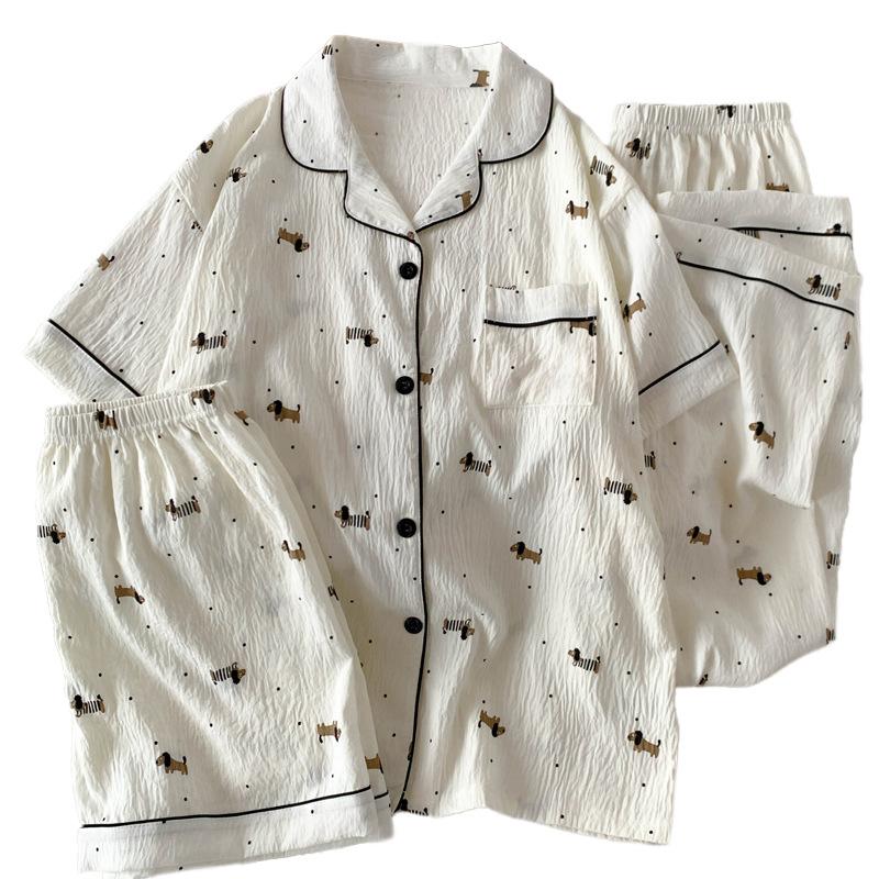 Dachshund polka dot Japanese high-end cloud cotton pajamas women's summer short-sleeved casual loungewear three-piece set