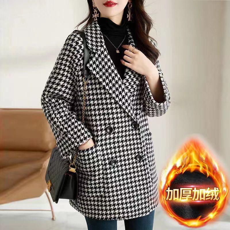 Autumn and winter new suit collar thousand bird plaid woolen coat loose women's fashion sense woolen medium and long coat women