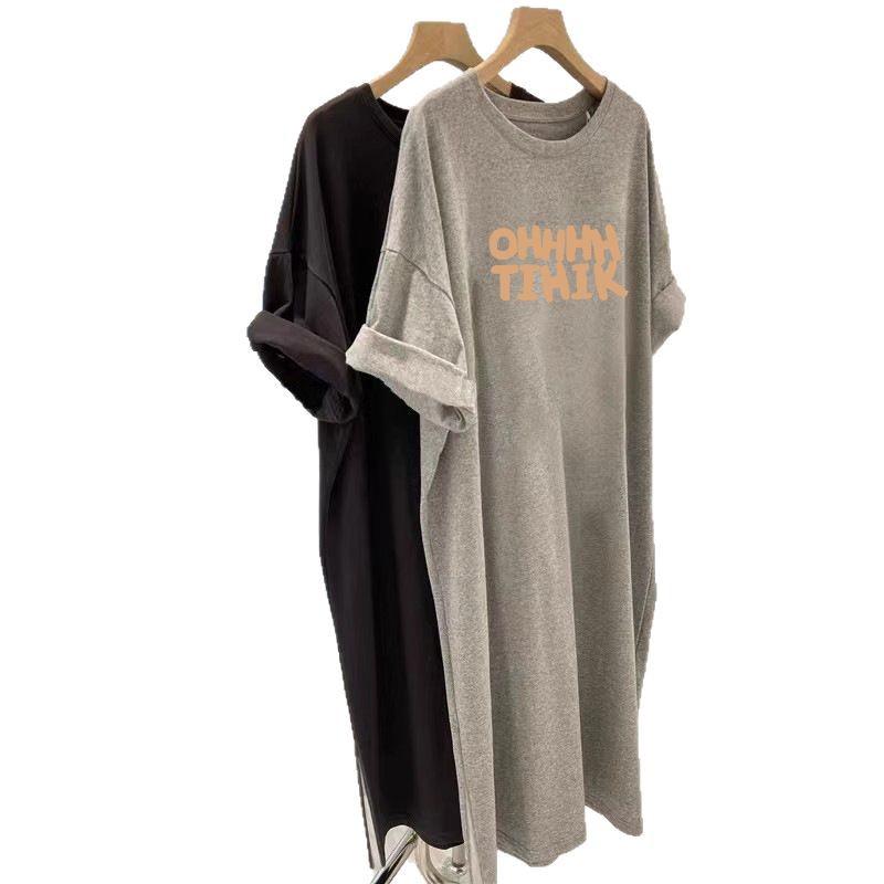 Летнее платье-футболка большого размера в корейском стиле, свободного кроя с принтом