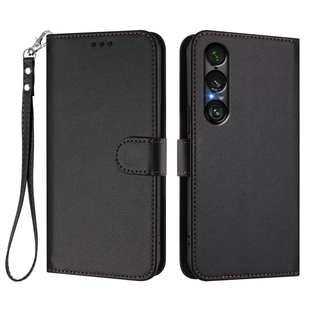 For Sony Xperia 1 VII Leather Case Wallet Stand Phone Cover with Wrist Strap
