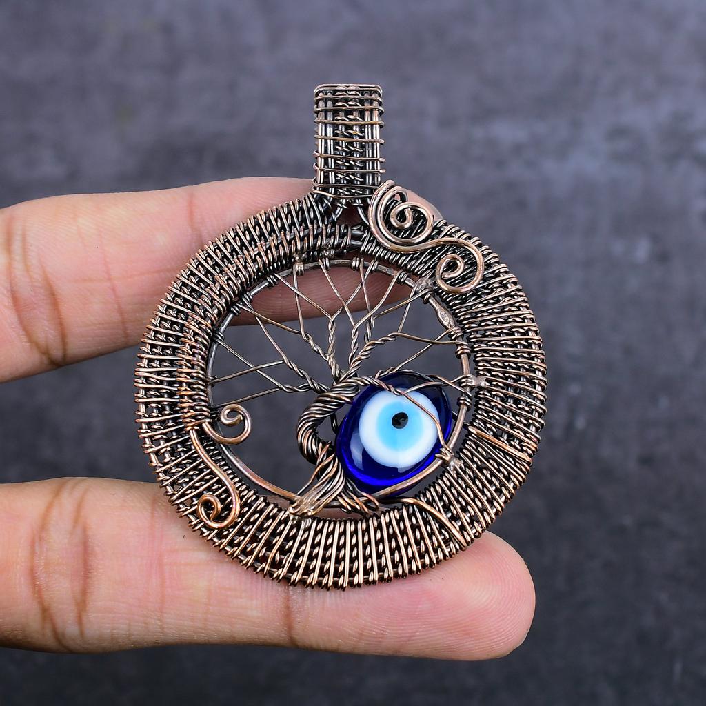 Синий сглаз драгоценный камень ручная работа медная проволока обертка ювелирное изделие кулон 2.60" u3q96