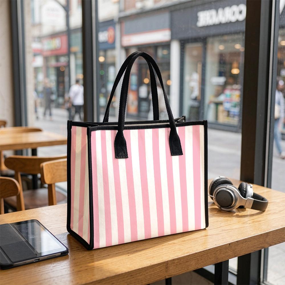 Pink White Striped Large Tote Bag Casual Daily Shoulder Bag for Shopping Travel