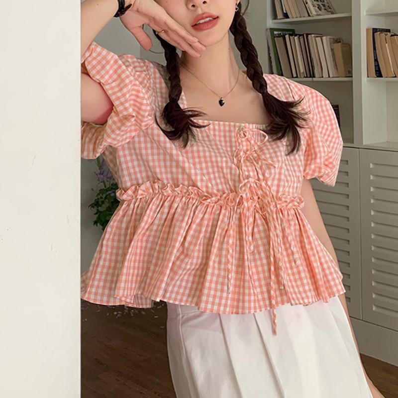 VONDA Женские летние блузки с квадратным вырезом и короткими рукавами в клетку