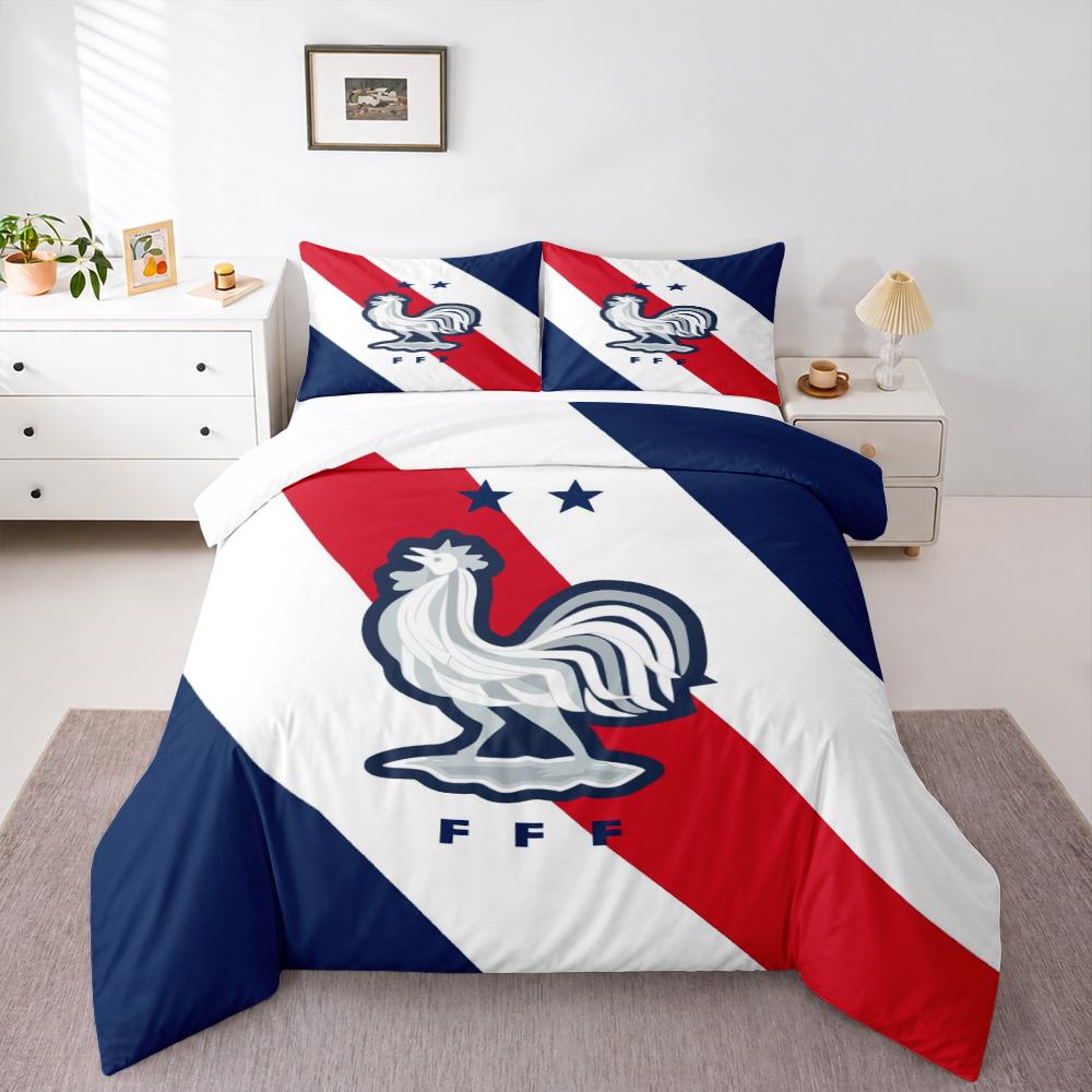 France FFF Rooster Crest Bedding set (1 duvet cover, 2 pillowcases, duvet not included), Red White Blue Soccer Champion Art Print