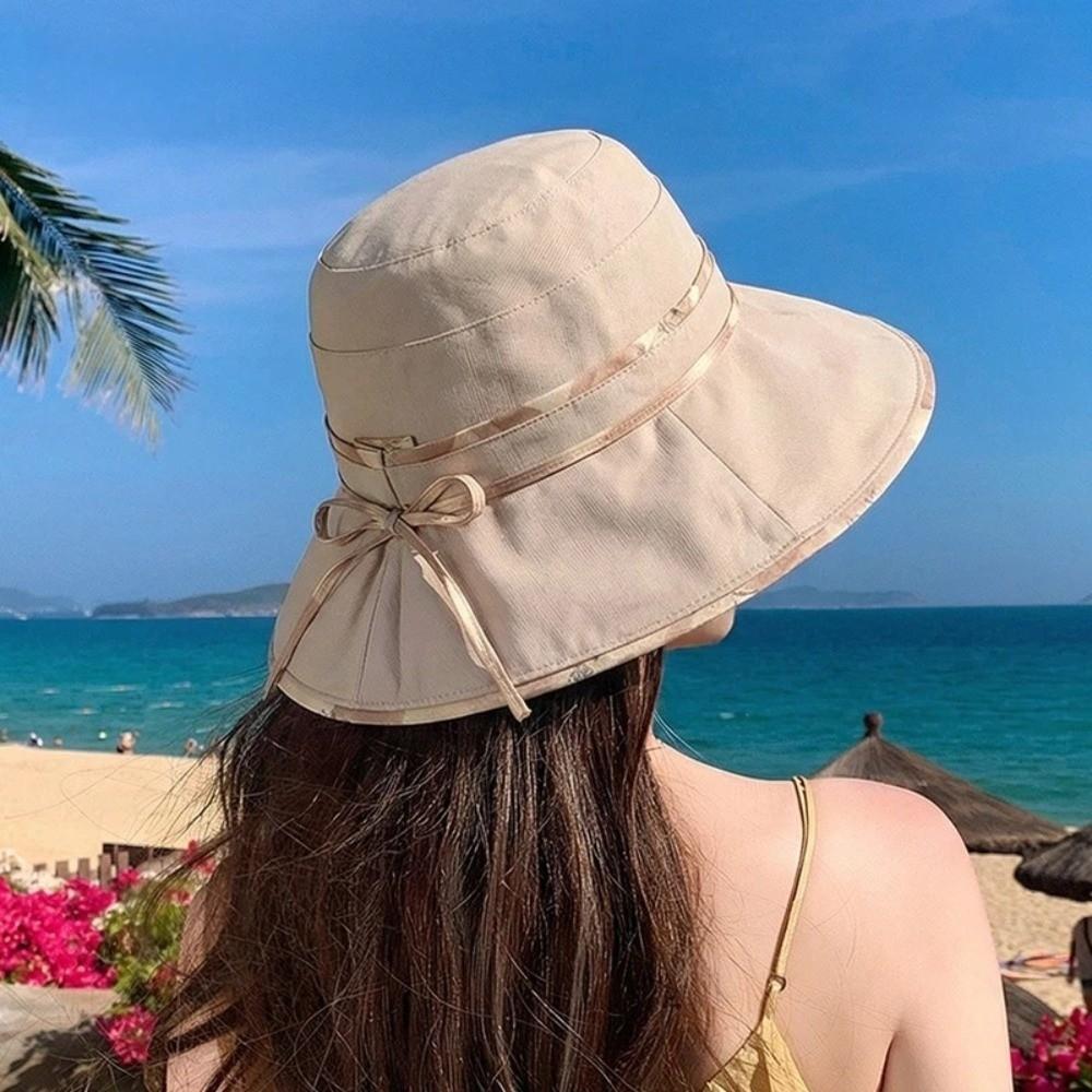 Lace-up Design Bucket Caps 10cm Large Brim Sunshade Hat New Girls Basin Caps Beach Activities