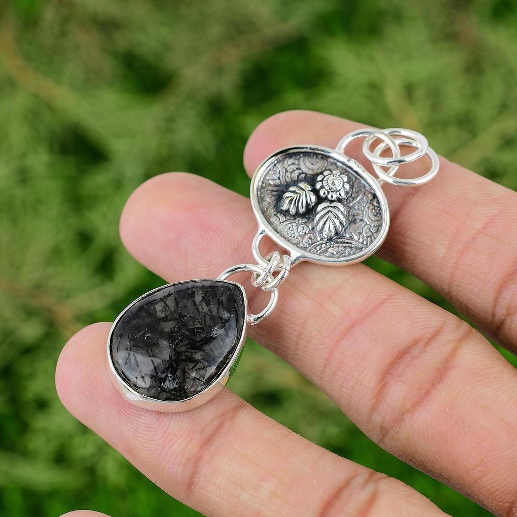 Серебро 925 пробы Груша Черный Рутилированный Кварц Драгоценный камень Жена Безель Подвеска Ювелирное изделие
