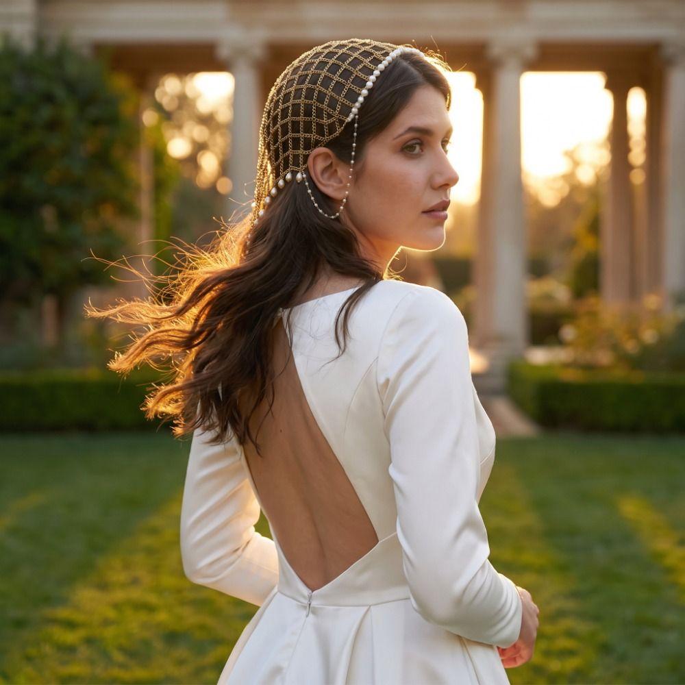 Draped Chain Beaded Tassel Hair Net Handmade Mesh Headpiece Trendy Pearl Hair Chain  Wedding