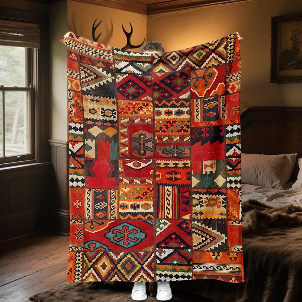 1PC kilim patchworkOutdoor Flannel Blanket - Soft Plush Decor for Picnics, camping, Bedroom, Playroom, Office, or Lunch Break 1260A