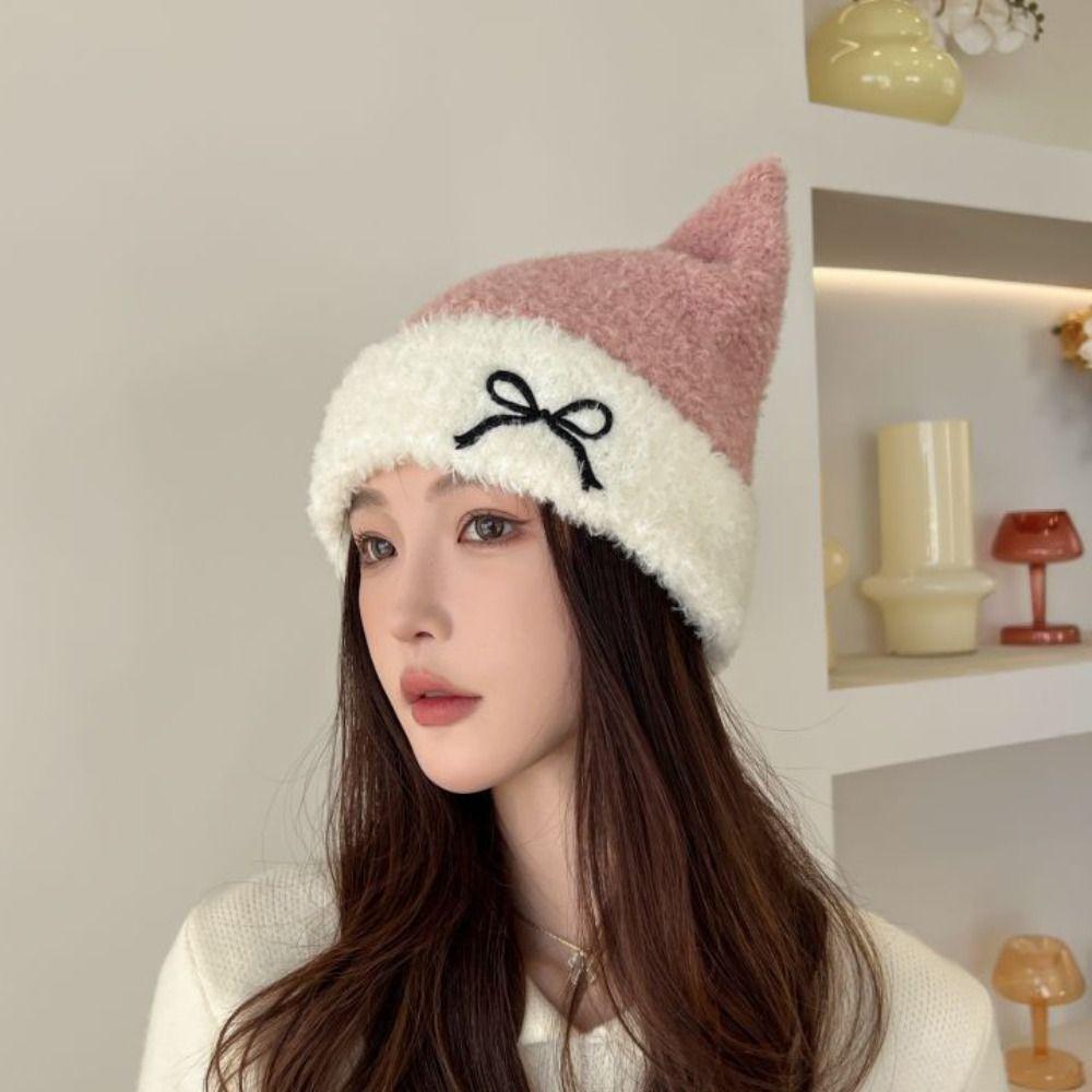 Embroidery Cat Ears Hat Bow Winter Knitted Hat Personality Knitted Beanie Hat  Winter/Autumn