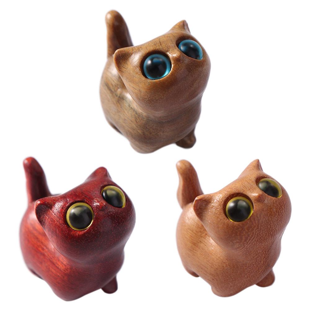 Mini Cat Desktop Figurine Sandalwood Animal Doll Toy Wooden Carved Figurine Children