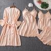 Women's Silk Five-Piece Pajama Set: Spring/Autumn Nightdress & Robe with Chest Pad