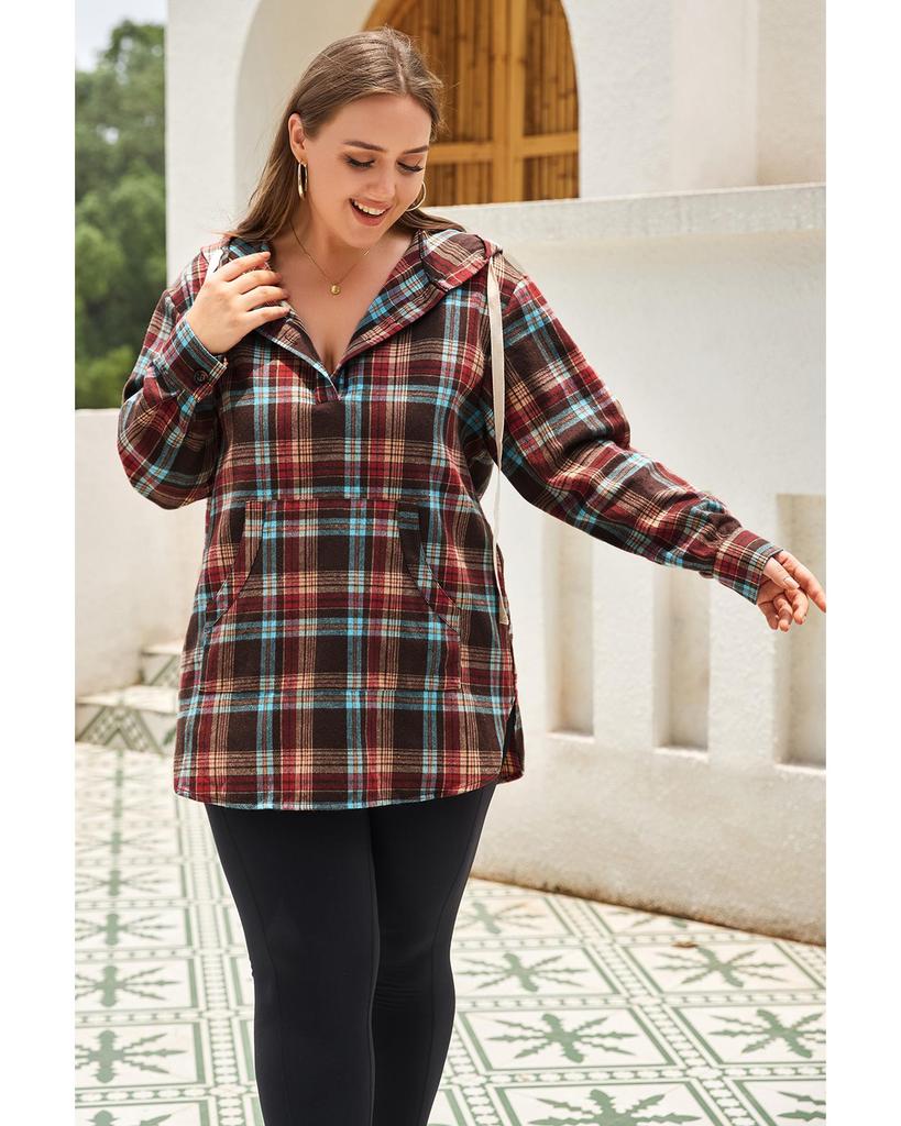 Azura Exchange Red Plus Size Plaid Kangaroo Pocket Drawstring Hoodie
