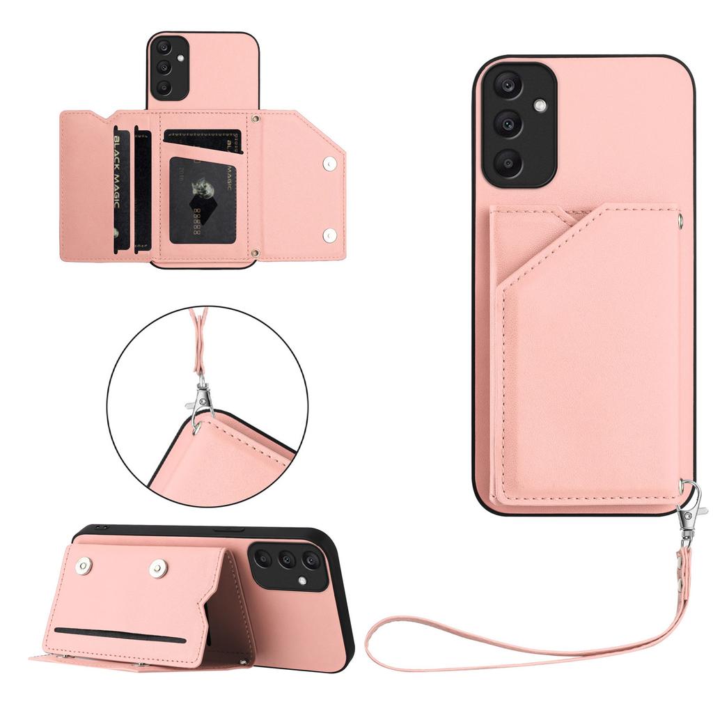 For Samsung Galaxy A25 5G (Global) (161.0 X 76.5 X 8.3mm) Case Card Holder Kickstand Skin-Touch Phone Cover with Wrist Strap