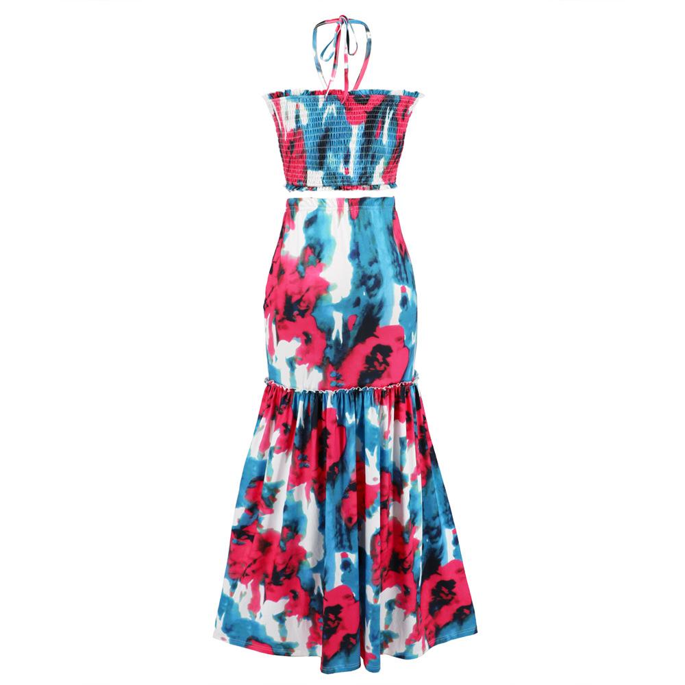 Женское богемное платье с принтом, висящий на шее, топ, бедра, завернутый в рыбий хвост, комплект из двух предметов