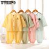 Children's Home Clothes Baby Summer Checkered Girls' Pajamas Cardigan Set Seven Sleeve Cartoon Girls' Spring and Autumn