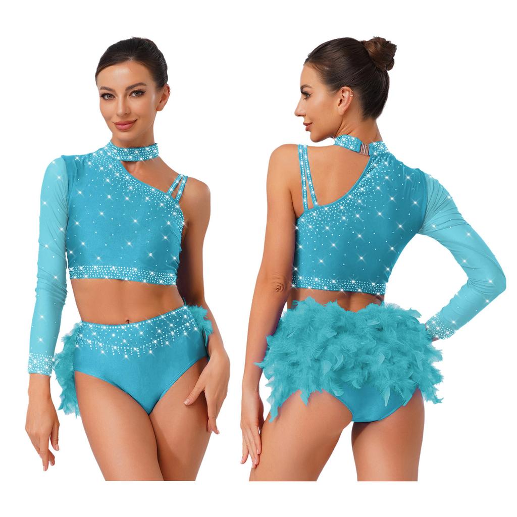 Комплект из 2 предметов для латиноамериканских танцев для женщин - Блестящий кроп-топ на одно плечо со стразами и трусы с перьями сзади для ча-ча, танго, танца живота