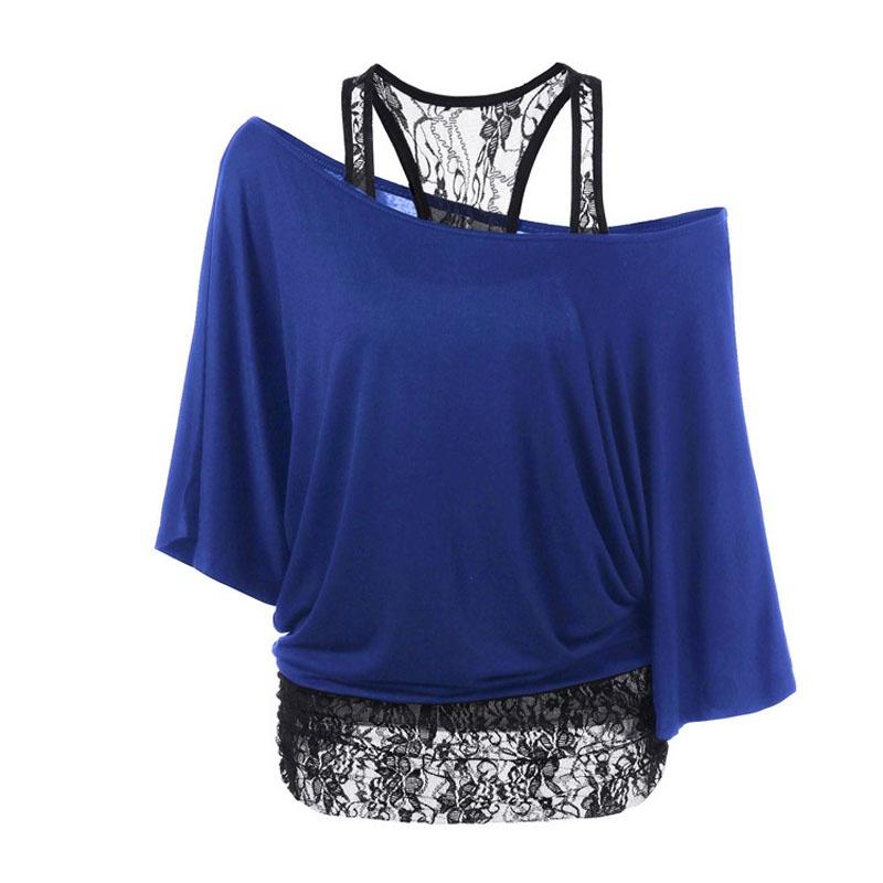 Size Women Plus Loose Vest Lace Stitching Oblique Collar Bat Tshirt Fashion