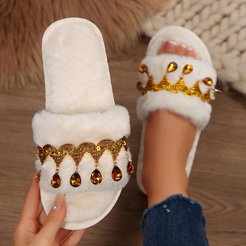 Fashion Fashion Rhinestones Decor Plush Slippers Women 2025 Autumn Winter Soft Warm House Slippers Woman Open Toe Non Slip Indoor Slides