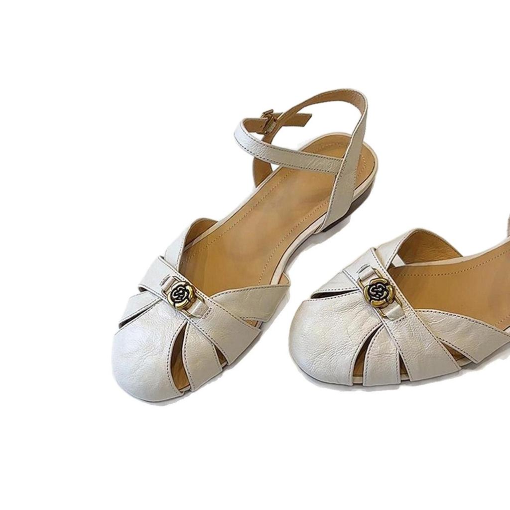 Sheepskin Version~ New Hollow Soft Leather One-word Sandals Women's Round Head Versatile Retro Camellia Shoes